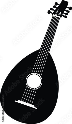 A striking black and white illustration of a vintage mandolin or lute instrument