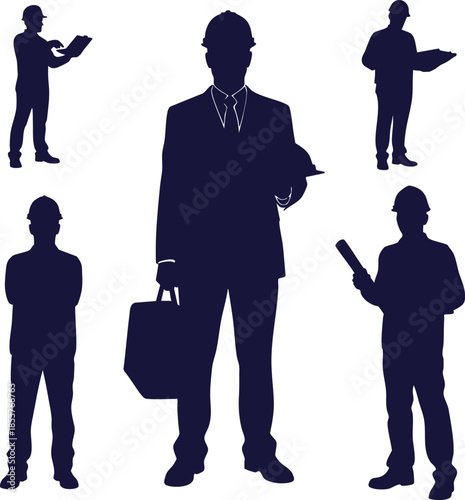 Set of Professional Engineer and Construction Worker Silhouettes Illustrating Diverse Industry Roles and Tasks on White Background