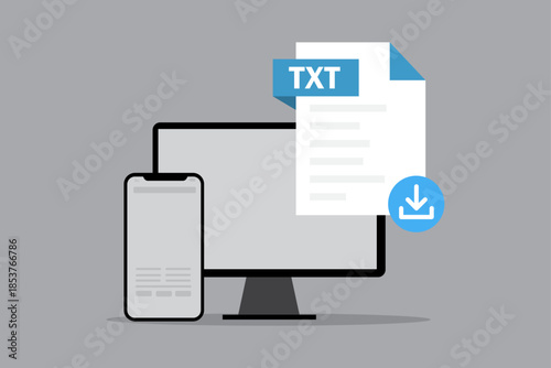 TXT File Download Concept Illustration with Computer Screen and Smartphone, Text Document File
