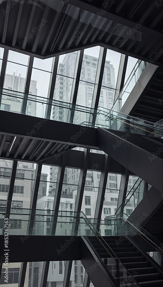 Fototapeta premium Modern architectural staircase with glass railings and large windows offers a stunning view of the urban cityscape, showcasing contemporary design and geometric patterns.