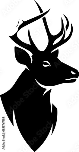 Majestic deer head silhouette, striking wildlife emblem perfect for logos, branding, or nature-themed designs with rustic elegance and timeless appeal