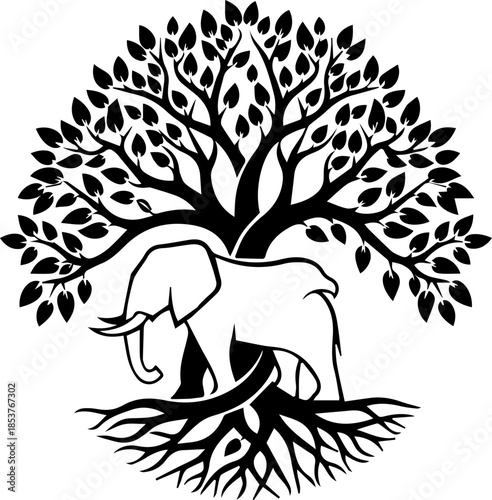 Elegant elephant and tree vector design symbolizing strength, nature, and conservation for logos, branding, and environmental campaigns