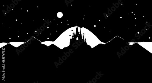Enchanting castle silhouette against a celestial nightscape, evoking fantasy and wonder, perfect for book covers and magical storytelling projects