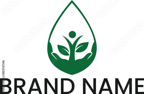 Organic Wellness Logo Concept with Cupped Hands Protecting a Sprouting Plant Inside a Green Drop