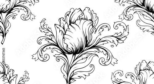 Elegant tulip illustration with vintage swirl accents, perfect for sophisticated designs and luxurious branding. Ideal for invitations and upscale projects