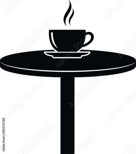 A simple black and white illustration of a coffee cup on a round table