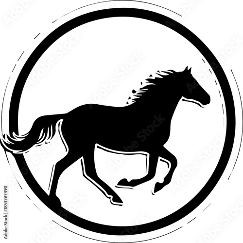 Stunning silhouette of a running horse within a circular frame, perfect for equestrian themes, logos, brands, and dynamic designs with powerful energy