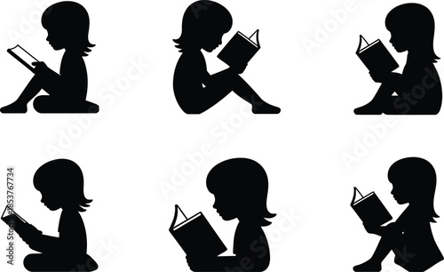 Silhouettes depicting a young girl reading books and an e-reader in various poses