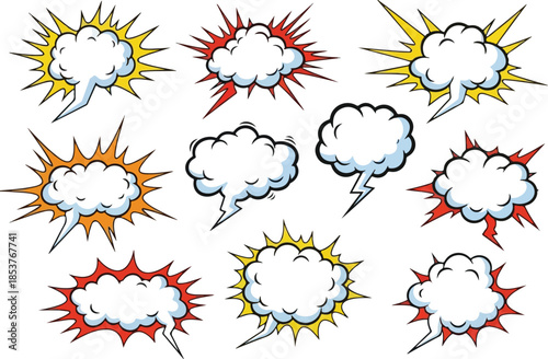 Comic Book Speech Bubbles Explosions of Thought and Communication on a White Background