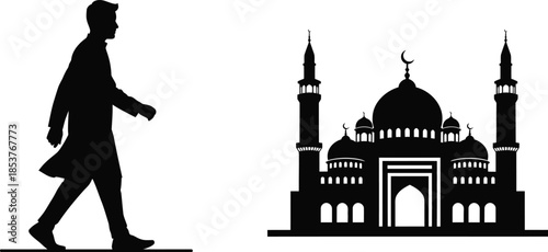 Silhouette of a man walking past a detailed mosque illustration
