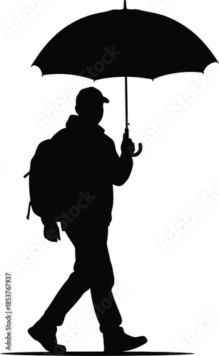 Silhouette of a person walking with an umbrella against a white background