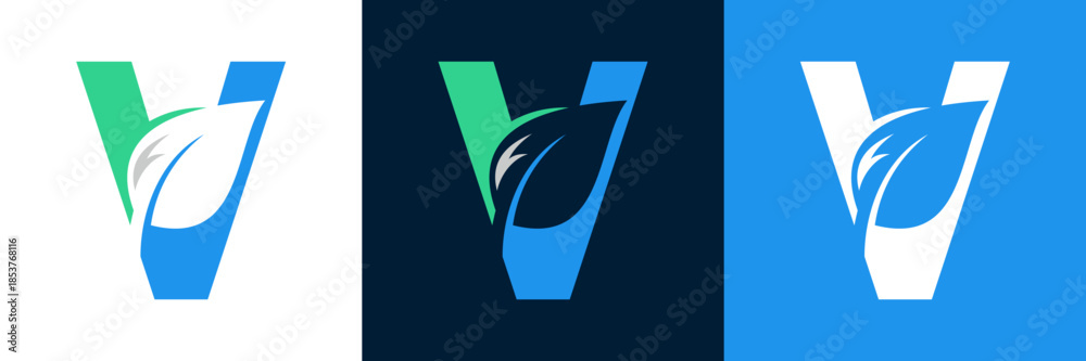 Naklejka premium Letter V eco green Logo with leaves. ,symbol,alphabet,botany,natural