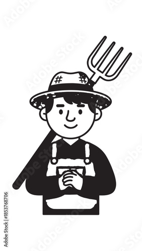 Playful Cartoon Farmer Character Wearing Hat and Pitchfork.