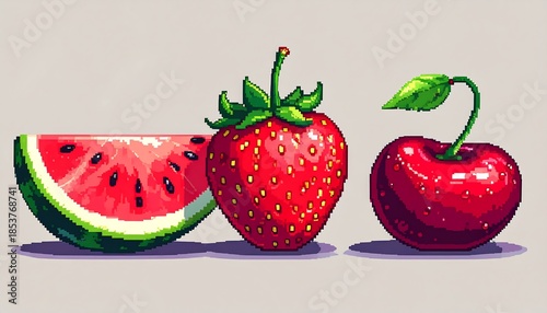 Pixelated artwork showcasing three vividly colored fruits a watermelon slice, a large strawberry, and a plump cherry