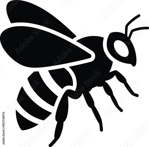 A simple black silhouette of a bee in flight wings prominently displayed