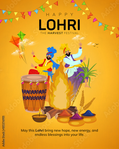 Celebrate the harvest season with this vibrant Lohri and Bhogi wishes template featuring traditional festive elements, warm colors, and cultural designs. Perfect for social media posts, greeting cards