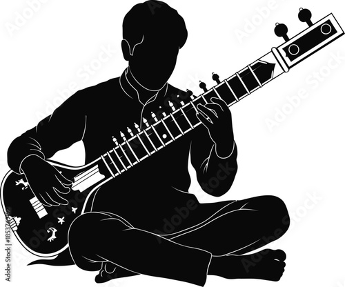 Silhouette of a musician playing a sitar in a seated position