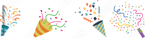 Party Popper icon set. Festive collection of party popper icons with various fill patterns and exploding elements like stars, dots, and streamers. happy New Year 2026 vector icons collection.