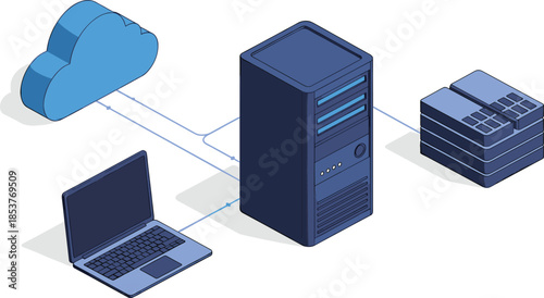Computer network infrastructure illustration, cloud laptop server database, data flow sketch, IT system concept, black white tech drawing