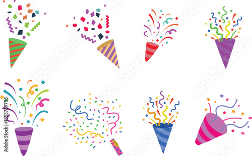 Party Popper icon set. Festive collection of party popper icons with various fill patterns and exploding elements like stars, dots, and streamers. happy New Year 2026 vector icons collection.