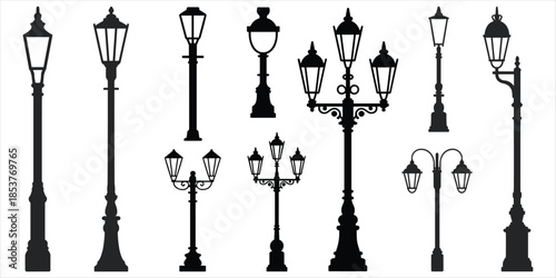 Assortment of Classic Street Light Fixture Silhouettes on White Background lamppost vintage