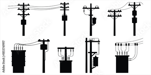 Black Silhouettes of Electrical Poles with Transformers and Wires electricity power