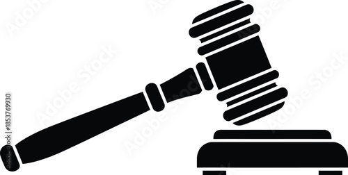A simple black silhouette of a traditional gavel and sounding block