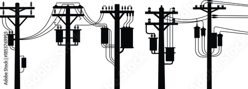 Black Silhouettes of Utility Poles with Transformers and Wires on White Keywords: utility pole, electricity, power, transmission