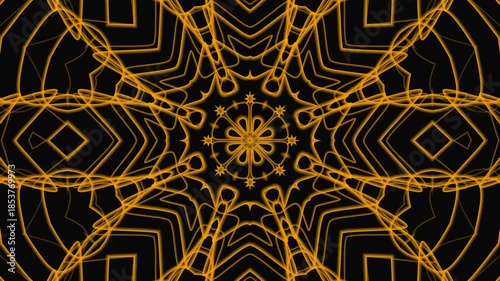 Symmetrical kaleidoscope pattern with golden lines on a black background. Great for backgrounds, prints, textile designs, and digital art.