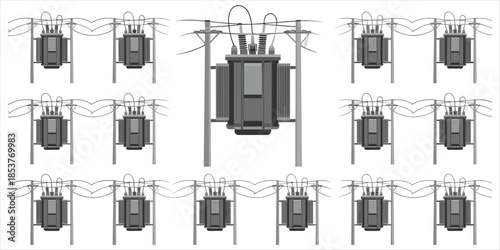 Array of Gray Electrical Transformers Mounted on Power Lines Above White Background Keywords: electrical transformer, power