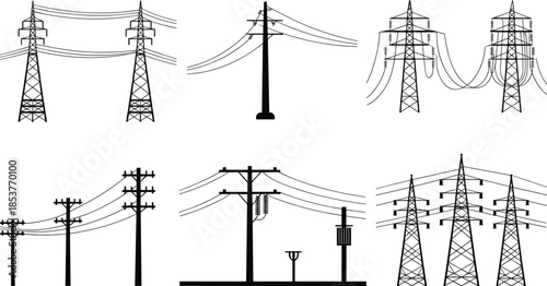 Collection of Black Silhouettes of Electricity Poles and Towers with Wires Keywords: electricity, power, transmission, pole