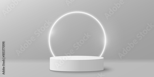 Minimalistic 3D white podium with glowing neon ring frame. Abstract dreamy cylindrical stage for showcasing your brand product. Vector illustration.