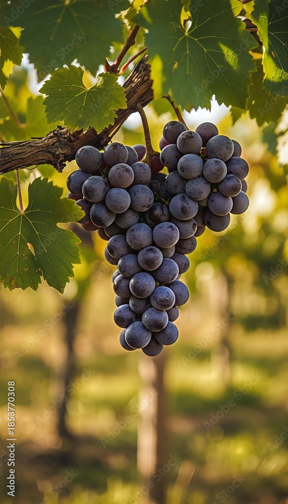 Naklejka premium Ripe dark grapes hanging from a gnarled vine branch with green leaves in a sun-drenched vineyard, symbolizing autumn harvest and winemaking.
