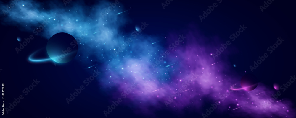 custom made wallpaper toronto digitalAbstract universe background with glowing stars, falling comets and colorful planets in deep space. Futuristic outer space scene for astronomy or galaxy design. Vector illustration.
