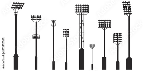 Collection of silhouettes of various stadium floodlight towers and streetlights Keywords: silhouette, floodlight, stadium light