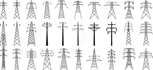 Collection of Silhouette Power Line Towers and Poles for Electricity Transmission pylon