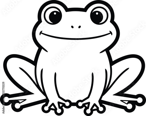 A charming black and white illustration of a smiling cartoon frog