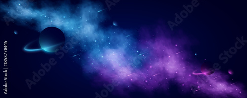 Abstract universe background with glowing stars, falling comets and colorful planets in deep space. Futuristic outer space scene for astronomy or galaxy design. Vector illustration.