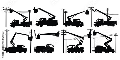 Collection of silhouettes showing utility workers in bucket trucks servicing power lines Keywords: silhouette, utility worker