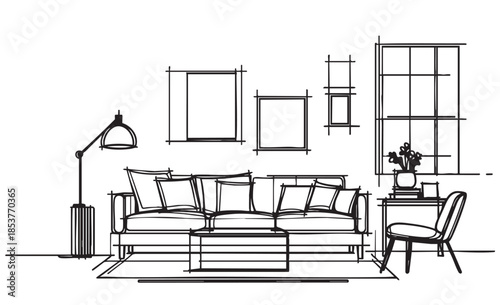 Doodles Living room graphic black white interior sketch illustration vector