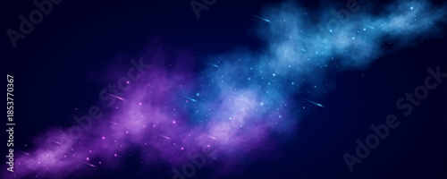 Abstract starry sky background with glowing stars and falling colorful comets into deep space. Futuristic universe scene for astronomy or modern galaxy design. Vector illustration.