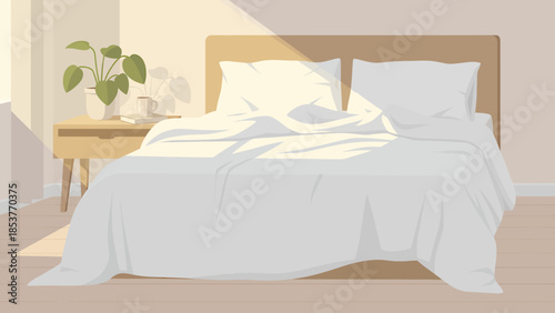 A serene bedroom scene with a bed, pillows, and a nightstand, viewed from the side, in a calm environment, with natural light.