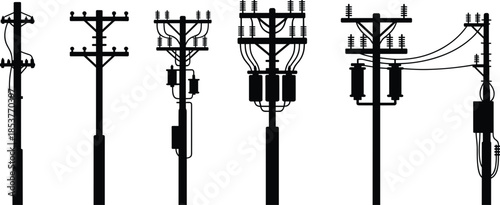 Billede på lærred Collection of six distinct utility pole silhouettes with electrical components p