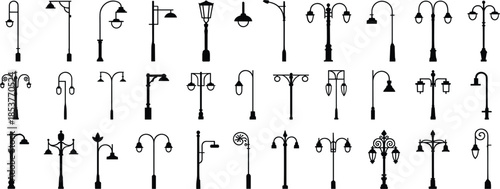 Decorative Street Lamp Post Icons Set Keywords: street light, lamp, lighting, urban, city, outdoor, public, decorative, vintage