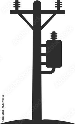 Dark gray silhouette of a utility pole with transformer and insulators power line electricity