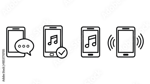 Vector illustration set of four mobile phones with various icons on screen