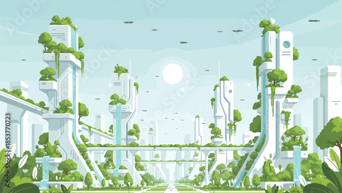 Futuristic cityscape with lush greenery and towering structures viewed from a low angle, showcasing a blend of nature and architecture in a serene environment.