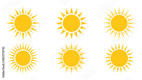 Vector illustration collection of yellow sun icons in various styles and designs