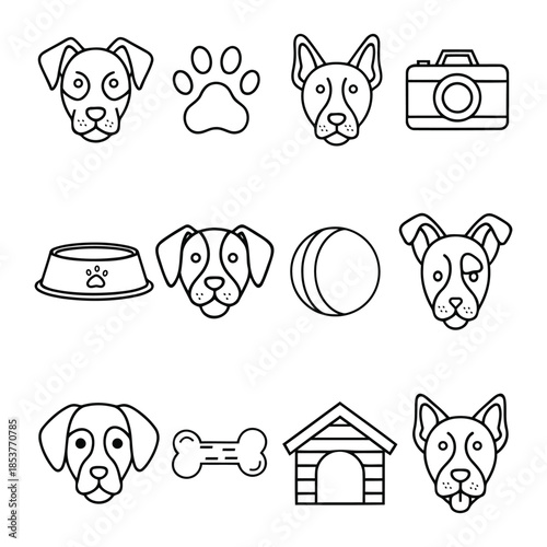 Vector illustration set of dog icons including heads, paw, camera, bowl, ball, bone, and dog house