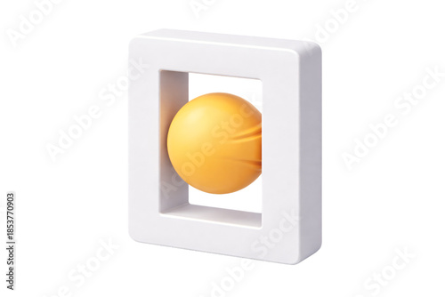 Abstract 3D render of a yellow sphere floating inside a white rectangular frame isolated on a plain Transparent background.